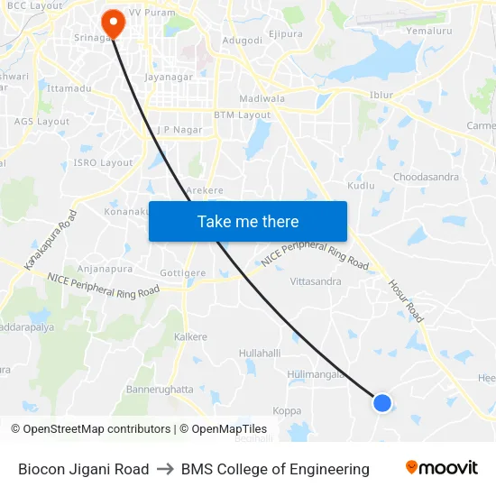 Biocon Jigani Road to BMS College of Engineering map