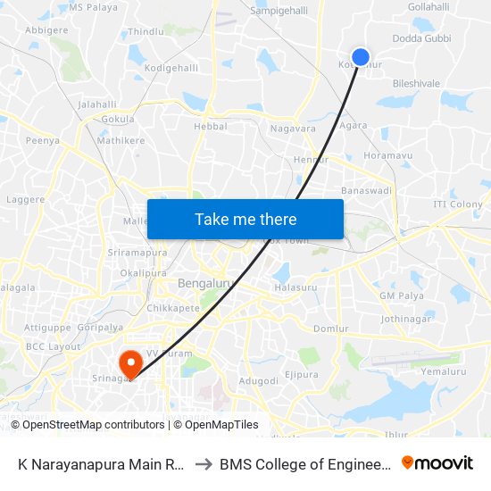 K Narayanapura Main Road to BMS College of Engineering map