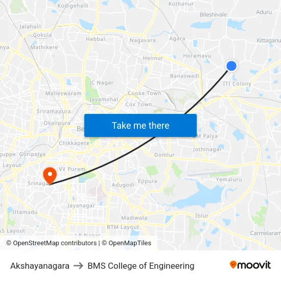 Akshayanagara to BMS College of Engineering map
