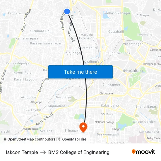 Iskcon Temple to BMS College of Engineering map