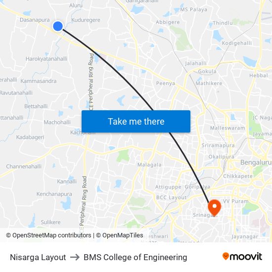 Nisarga Layout to BMS College of Engineering map