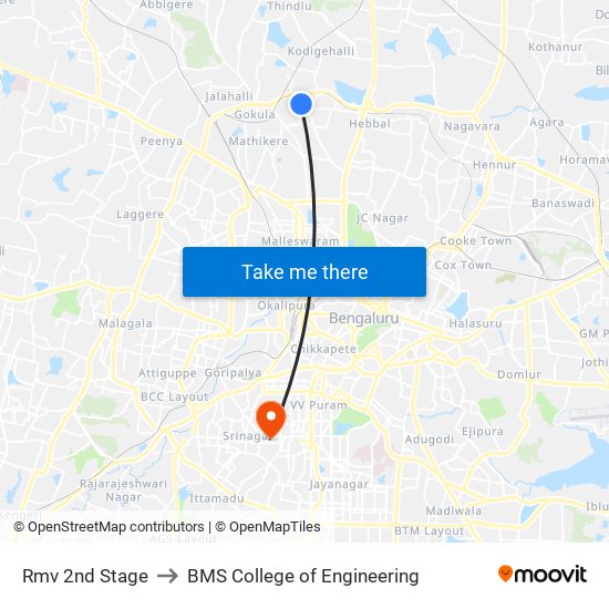 Rmv 2nd Stage to BMS College of Engineering map