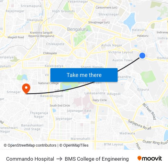 Commando Hospital to BMS College of Engineering map