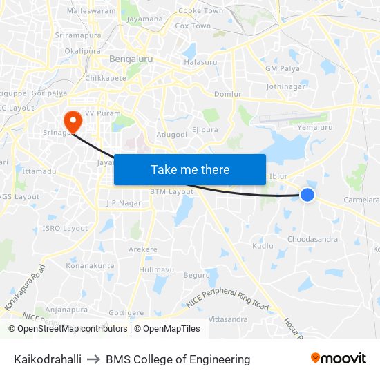 Kaikodrahalli to BMS College of Engineering map