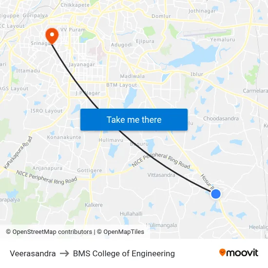 Veerasandra to BMS College of Engineering map