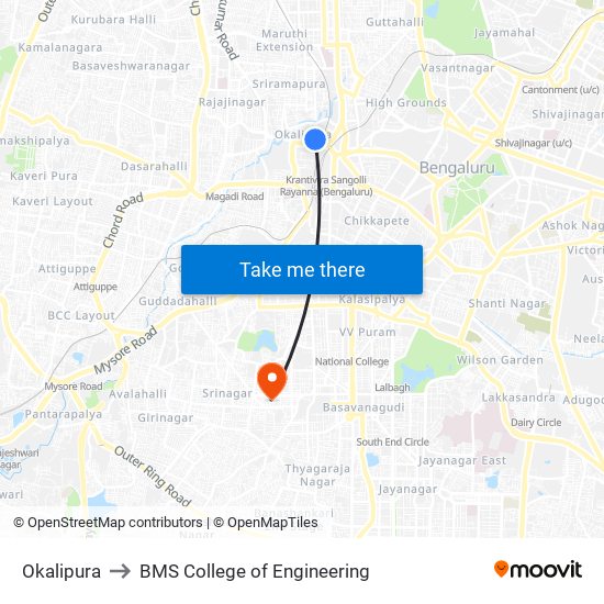 Okalipura to BMS College of Engineering map