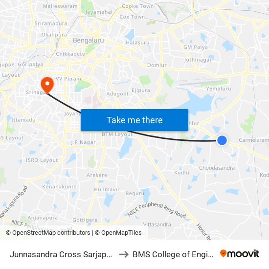 Junnasandra Cross Sarjapura Road to BMS College of Engineering map