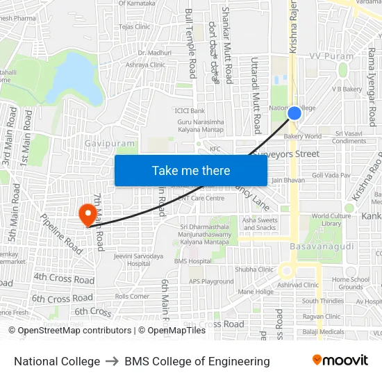 National College to BMS College of Engineering map