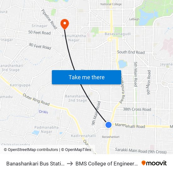 Banashankari Bus Station to BMS College of Engineering map