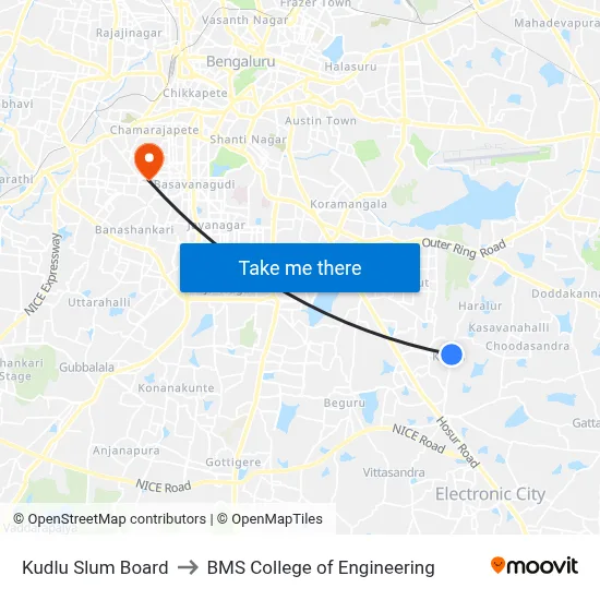 Kudlu Slum Board to BMS College of Engineering map