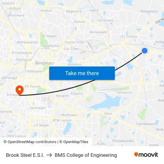 Brook Steel E.S.I. to BMS College of Engineering map