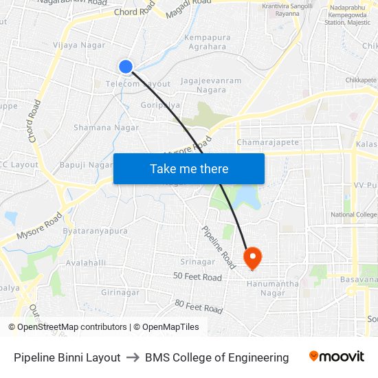 Pipeline Binni Layout to BMS College of Engineering map