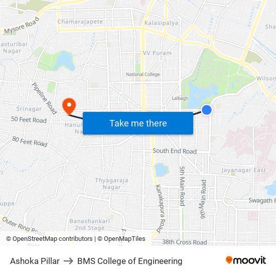 Ashoka Pillar to BMS College of Engineering map