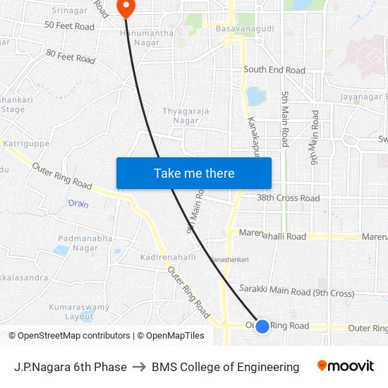 J.P.Nagara 6th Phase to BMS College of Engineering map