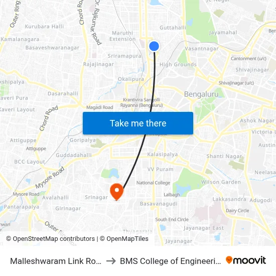 Malleshwaram Link Road to BMS College of Engineering map