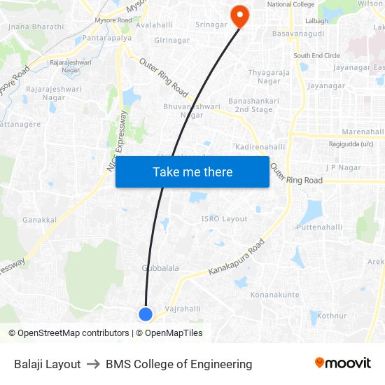 Balaji Layout to BMS College of Engineering map