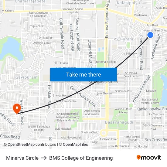 Minerva Circle to BMS College of Engineering map