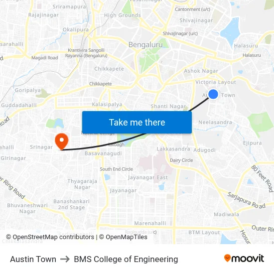 Austin Town to BMS College of Engineering map