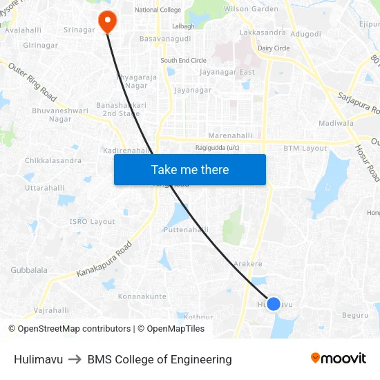 Hulimavu to BMS College of Engineering map