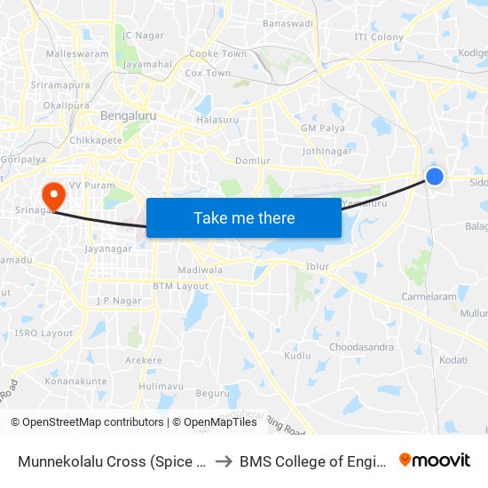 Munnekolalu Cross (Spice Garden) to BMS College of Engineering map
