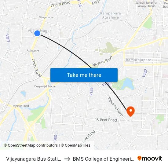 Vijayanagara Bus Station to BMS College of Engineering map