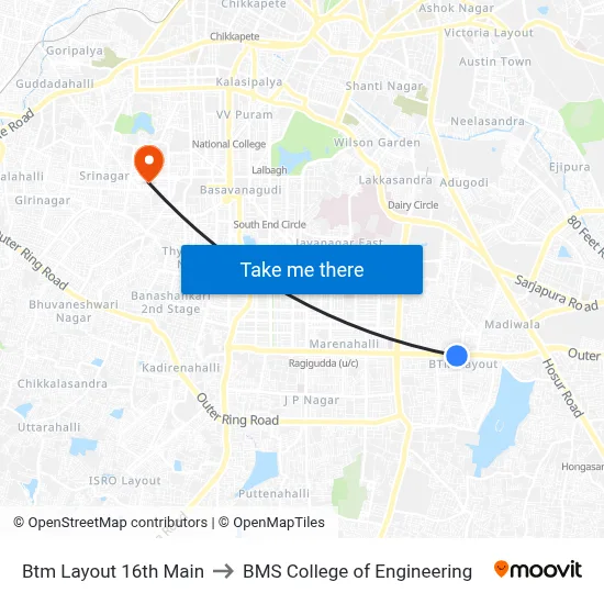 Btm Layout 16th Main to BMS College of Engineering map