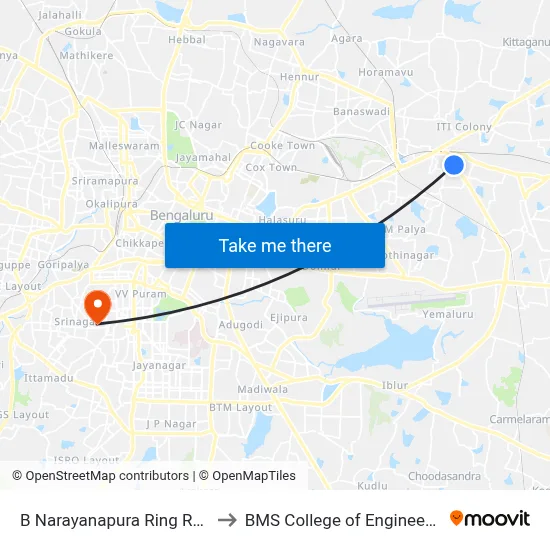 B Narayanapura Ring Road to BMS College of Engineering map