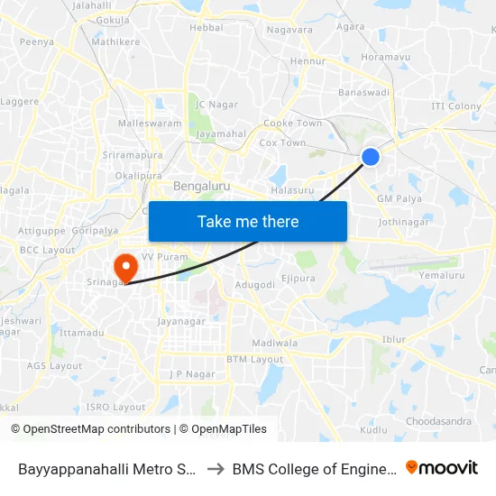 Bayyappanahalli Metro Station to BMS College of Engineering map