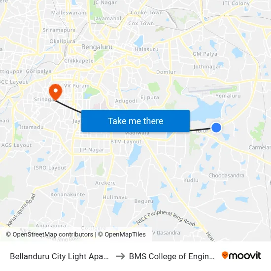 Bellanduru City Light Apartment to BMS College of Engineering map