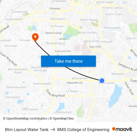 Btm Layout Water Tank to BMS College of Engineering map