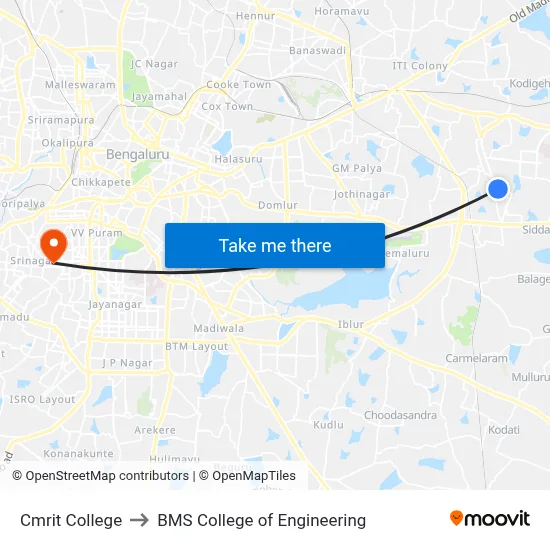 Cmrit College to BMS College of Engineering map