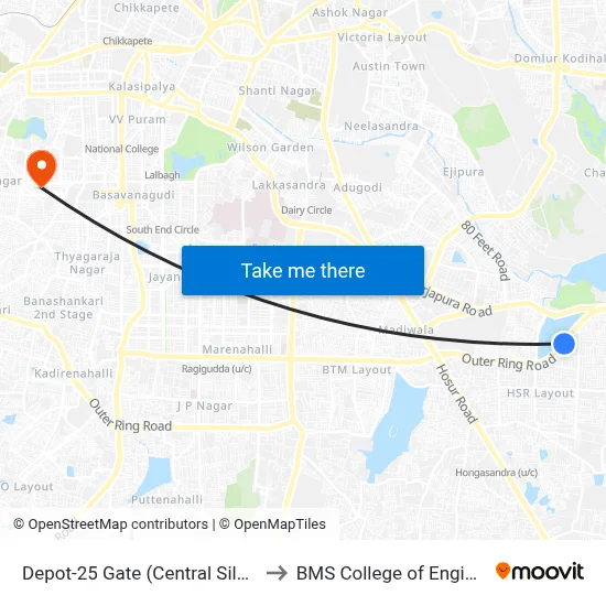 Depot-25 Gate (Central Silk Board) to BMS College of Engineering map