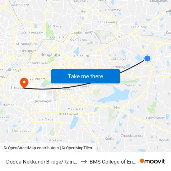 Dodda Nekkundi Bridge/Rainbow Hospital to BMS College of Engineering map
