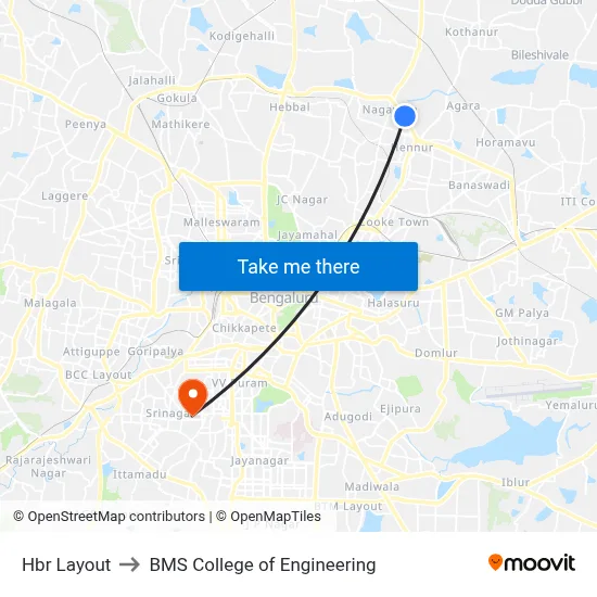 Hbr Layout to BMS College of Engineering map