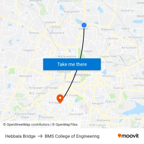 Hebbala Bridge to BMS College of Engineering map