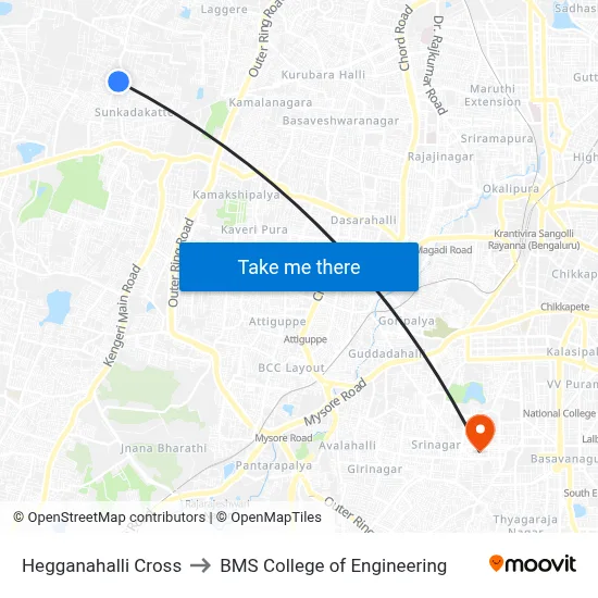 Hegganahalli Cross to BMS College of Engineering map