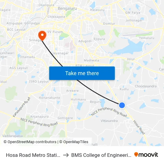 Hosa Road Metro Station to BMS College of Engineering map