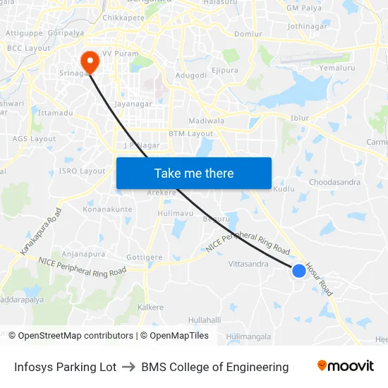 Infosys Parking Lot to BMS College of Engineering map