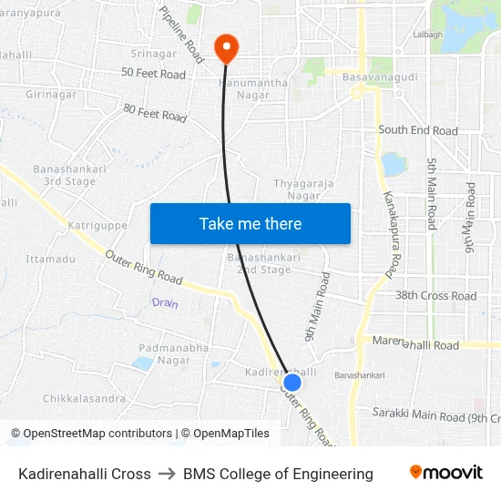 Kadirenahalli Cross to BMS College of Engineering map