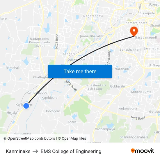 Kanminake to BMS College of Engineering map