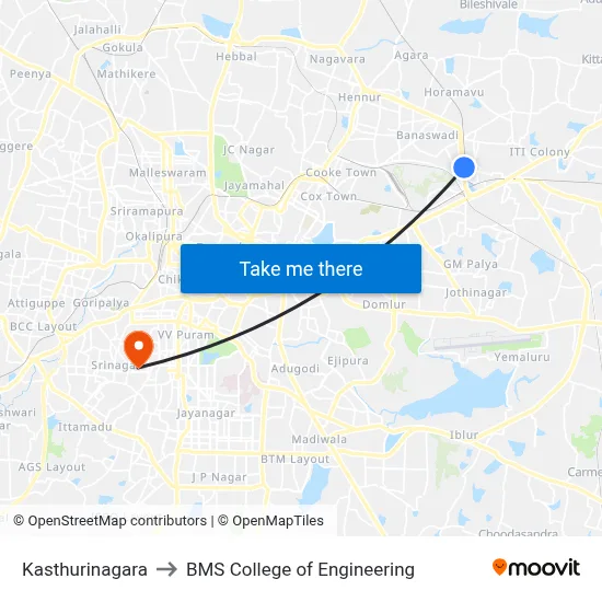 Kasthurinagara to BMS College of Engineering map