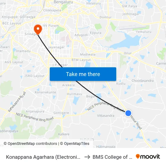 Konappana Agarhara (Electronic City Metro Station) to BMS College of Engineering map