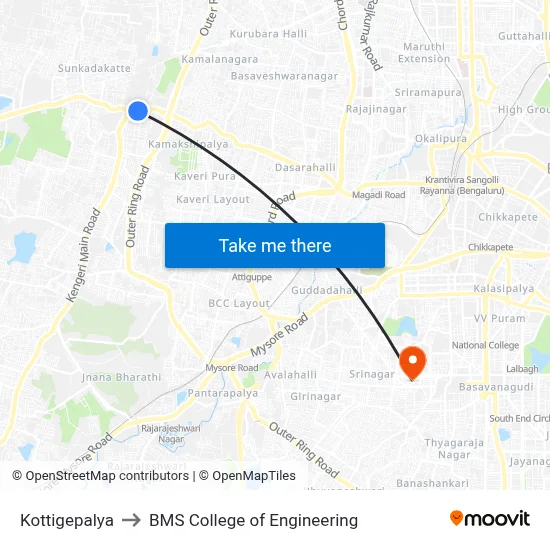 Kottigepalya to BMS College of Engineering map