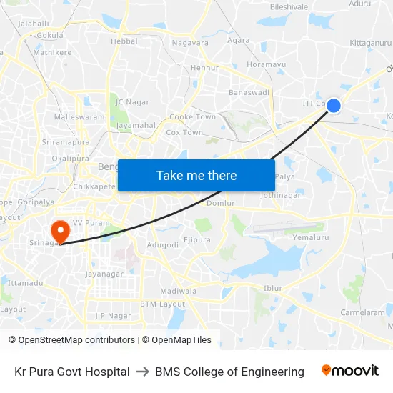 Kr Pura Bus Stand to BMS College of Engineering map