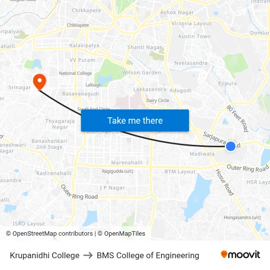 Krupanidhi College to BMS College of Engineering map