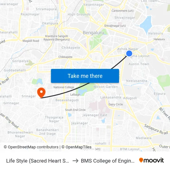 Life Style (Sacred Heart School) to BMS College of Engineering map