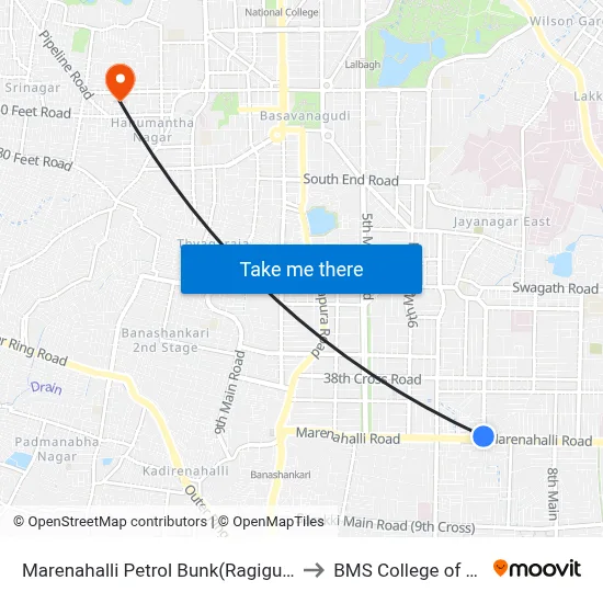 Marenahalli Petrol Bunk(Ragigudda Metro Station) to BMS College of Engineering map