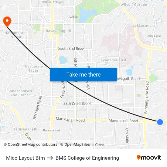Mico Layout Btm to BMS College of Engineering map