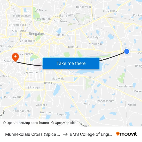 Munnekolalu Cross (Spice Garden) to BMS College of Engineering map
