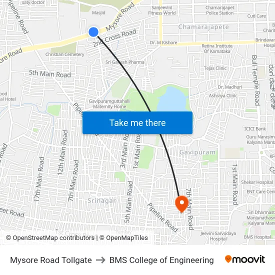 Mysore Road Tollgate to BMS College of Engineering map